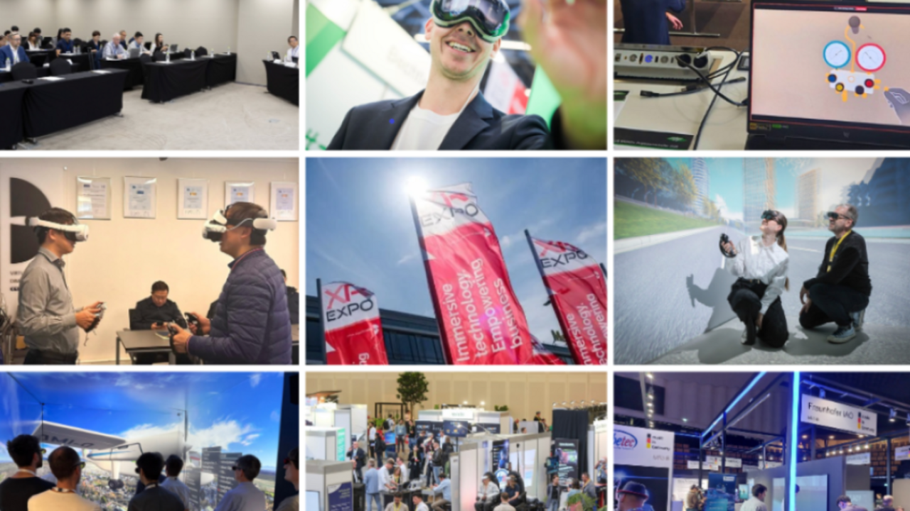 Collage mit Veranstaltungen, XR EXPO, Fachvorträgen, Netzwerktreffen und Forschungsaktivitäten des Virtual Dimension Center (VDC) im Geschäftsjahr 2025/2026.