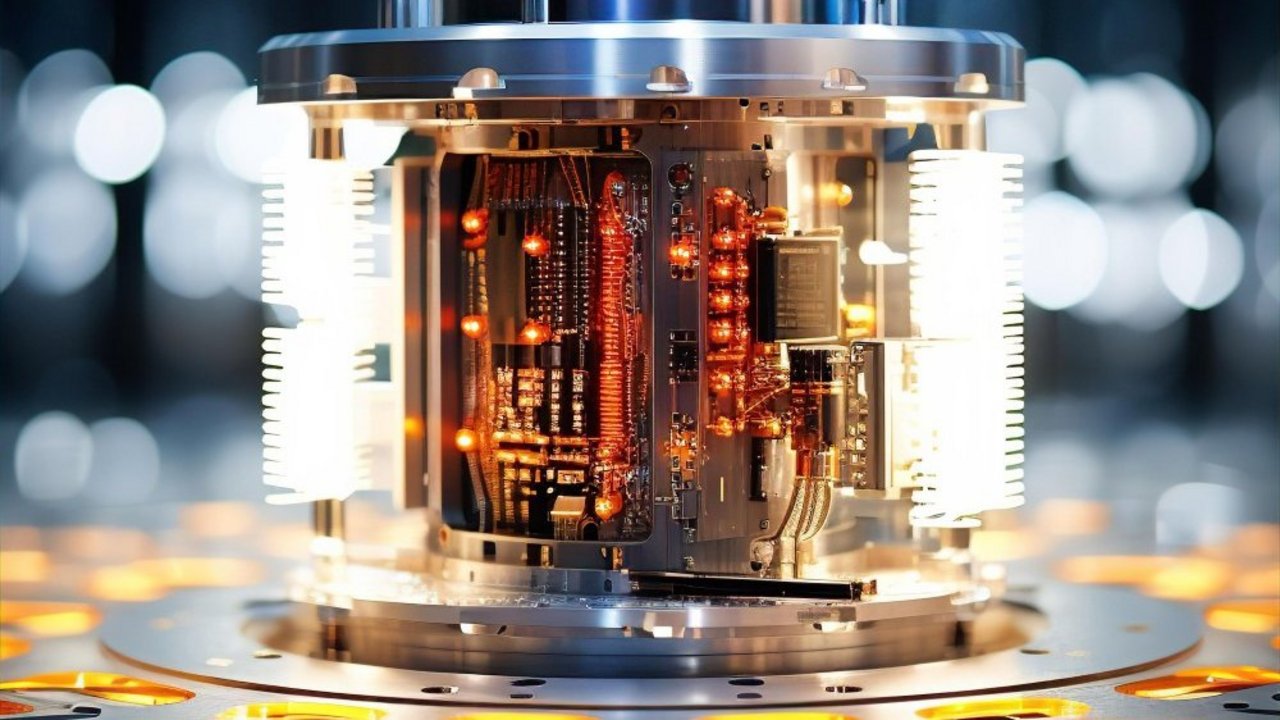 Nahaufnahme eines technologischen Quantensystems mit elektronischen Komponenten und metallischer Einhausung in einer Laborumgebung.