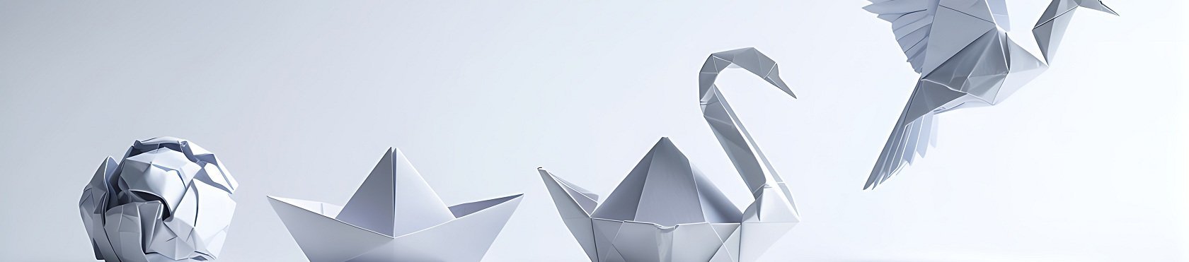 Transformation in Form einer Orgiami-Figur, die sich von einem Schiff über einen Schwan in einen Vogel verwandelt