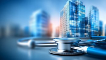 Digital dargestellte Stadtlandschaft mit modernen Glasgebäuden und einem Stethoskop im Vordergrund als Symbol für Gesundheitswesen, medizinische Versorgung und digitale Gesundheitslösungen.