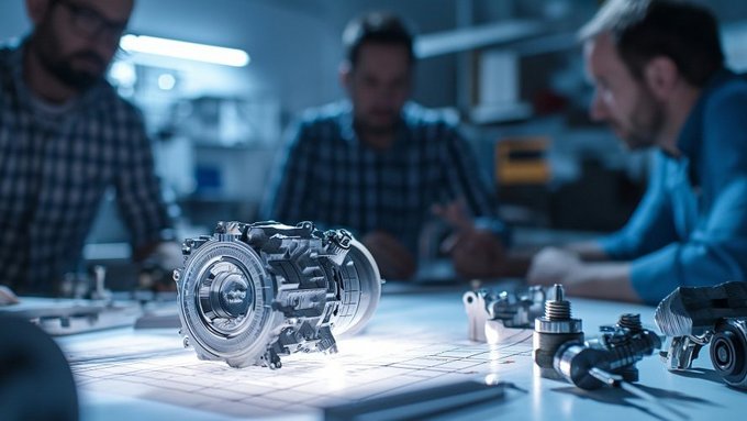 Im Vordergrund stehen ein Getriebemodell und weitere Fahrzeugkomponenten auf technischen Zeichnungen. Im Hintergrund beraten sich drei Fachkräfte in einer modernen Entwicklungsumgebung.