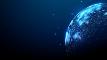 Abstrakte digitale Darstellung einer blau leuchtenden Weltkugel aus Punkten und vernetzten Linien auf dunklem Hintergrund