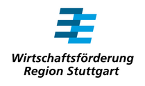 jeweils 3 dunkel- und mittelblaue Balken horizontal in 2 Spalten übereinandergelegt. Darunter der Schriftzug "Wirtschaftsförderung Region Stuttgart"