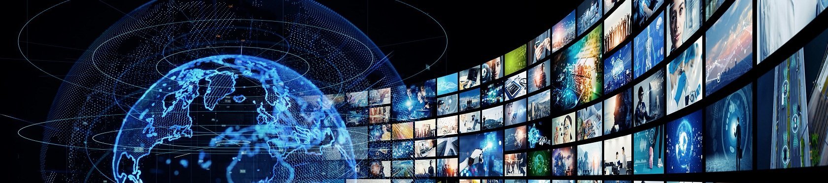 Bildschirm mit News und einem abstrakten Globus in digitalem Stil.