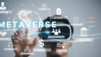 Mann trägt VR-Brille virtuelle Globale Internetverbindung Metaverse mit einer neuen Erfahrung in Metaverse virtuelle Welt.