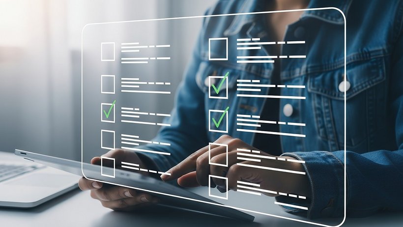 Person, die mit einem digitalen Tablet Punkte auf einer virtuellen To-do-Liste abhakt, 