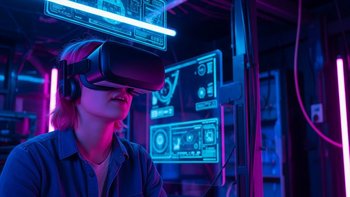 Immersives VR-Erlebnis: Nutzer erkunden eine digitale Welt mit leuchtenden Schnittstellen