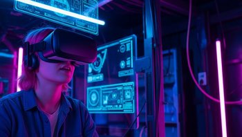 Immersives VR-Erlebnis: Nutzer erkunden eine digitale Welt mit leuchtenden Schnittstellen