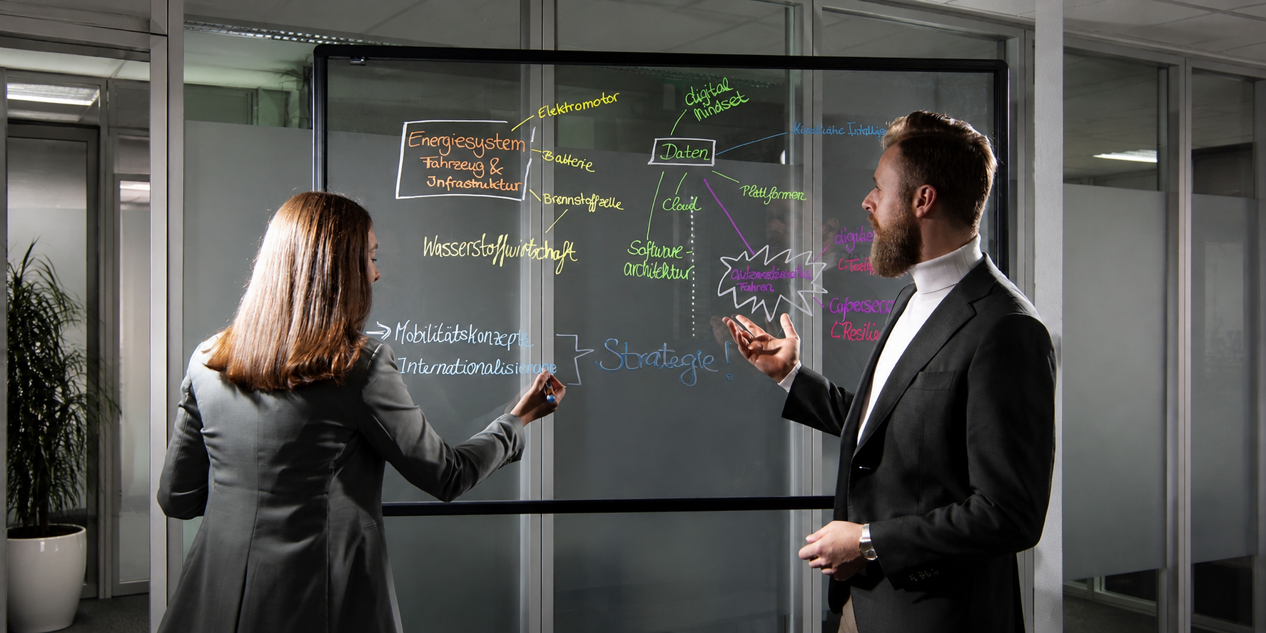 Zwei Personen besprechen in einem Büro Inhalte auf einer beschrifteten Glaswand zu Mobilität, Daten und Strategie.