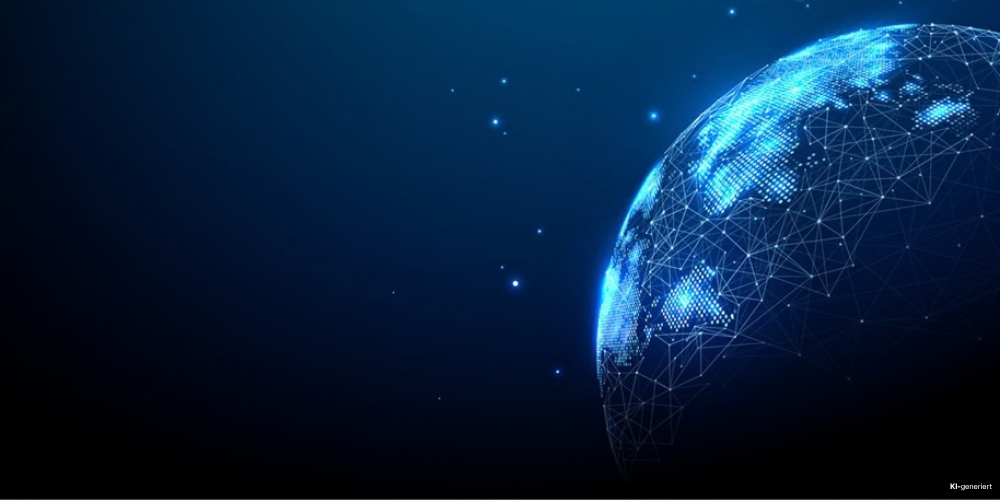 Abstrakte digitale Darstellung einer blau leuchtenden Weltkugel aus Punkten und vernetzten Linien auf dunklem Hintergrund