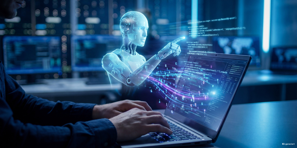 Roboter schaut auf Rechner an dem ein Mensch arbeitet