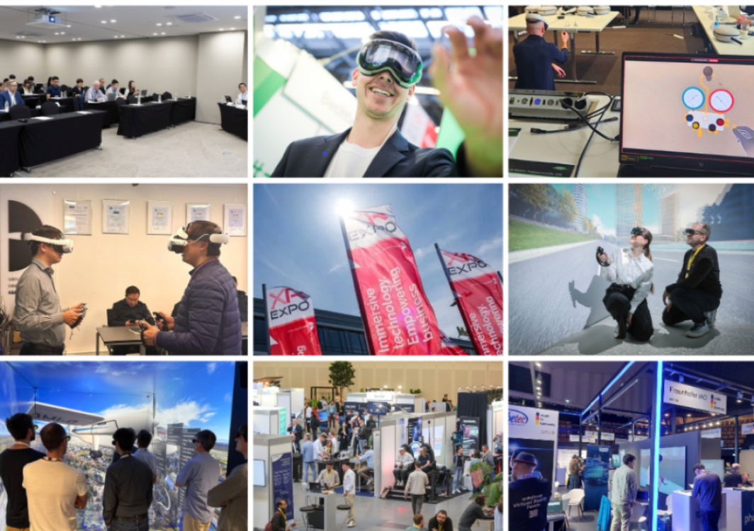 Collage mit Veranstaltungen, XR EXPO, Fachvorträgen, Netzwerktreffen und Forschungsaktivitäten des Virtual Dimension Center (VDC) im Geschäftsjahr 2025/2026.