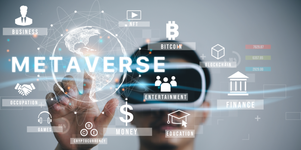 Mann trägt VR-Brille virtuelle Globale Internetverbindung Metaverse mit einer neuen Erfahrung in Metaverse virtuelle Welt.